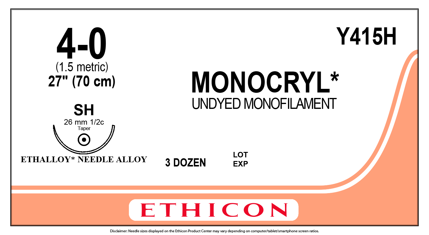 Suture with Needle Monocryl™ Absorbable Uncoated Undyed Suture Monofilament Poliglecaprone Size 4 - 0 27 Inch Suture 1-Needle 26 mm Length 1/2 Circle Taper Point Needle by Ethicon - Suture  J & J Healthcare Systems  ID Y415H